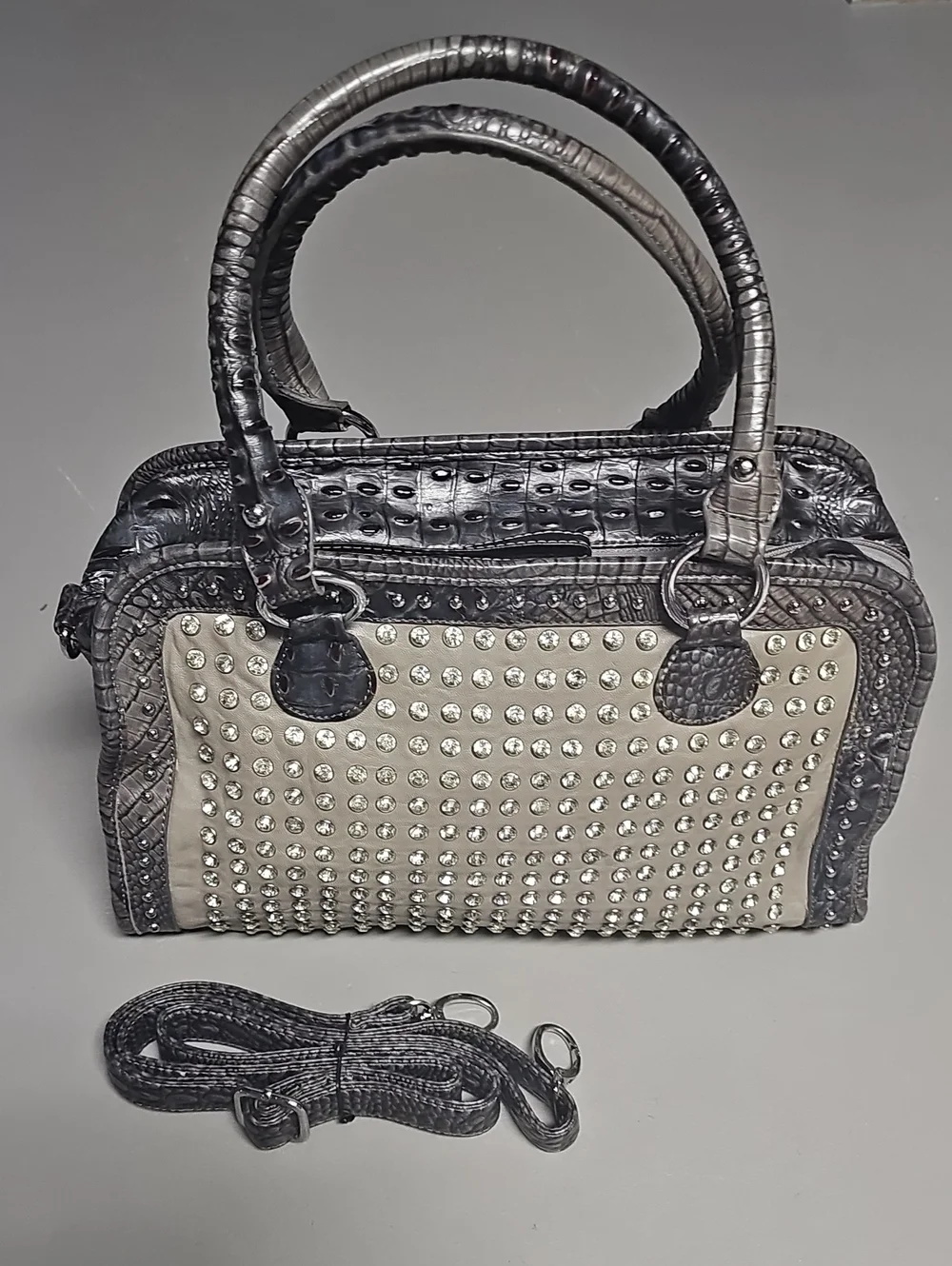 Grey Croc Leatherette Crystal Srud Silver Satchel Purse Bag Crossbody EUC